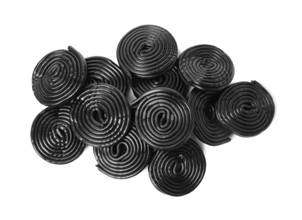Smaczne Czarne Cukierki Lukrecji Białym Tle Widok Góry — Zdjęcie stockowe
