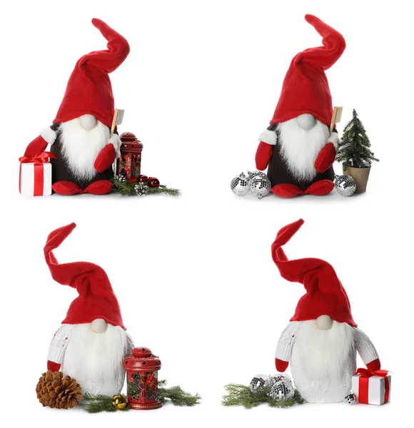 Σετ Αστεία Χριστουγεννιάτικα Ξωτικά Και Εορταστική Διακόσμηση Λευκό Φόντο — Φωτογραφία Αρχείου