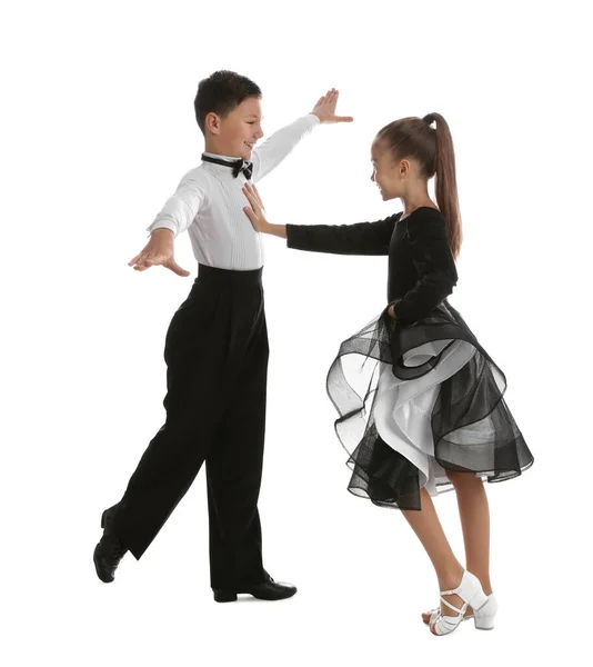 Prachtig Gekleed Paar Van Kinderen Dansen Witte Achtergrond — Stockfoto