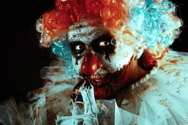 Payaso Aterrador Sobre Fondo Negro Disfraz Fiesta Halloween — Foto de Stock