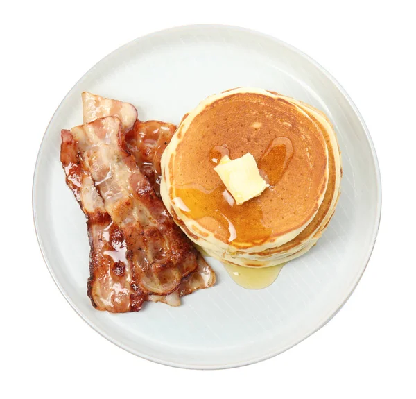 Pancake Lezat Dengan Sirup Maple Mentega Dan Daging Asap Goreng — Stok Foto