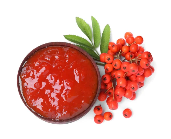 Delicious Rowan Jam Bowl Berries White Background Top View — Stock Photo, Image