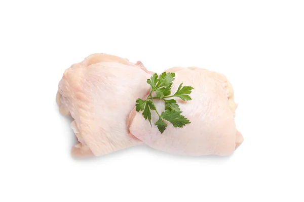 Raw Chicken Thighs Parsley White Background Top View — Stock Photo, Image