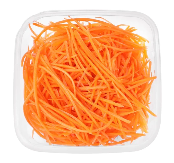 Fresh Shredded Carrots Plastic Container Isolated White Top View — 图库照片