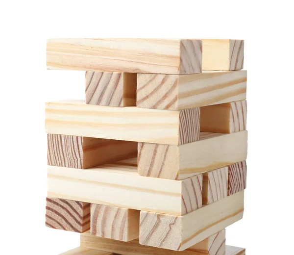 Πύργος Jenga Από Ξύλινα Μπλοκ Λευκό Φόντο — Φωτογραφία Αρχείου