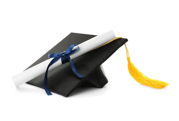 Sombrero Graduación Diploma Sobre Fondo Blanco — Foto de Stock