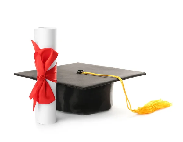 Sombrero Graduación Diploma Sobre Fondo Blanco — Foto de Stock