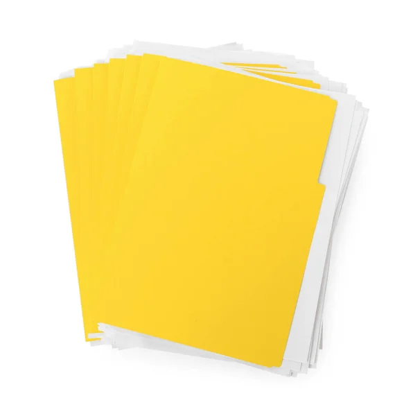 Stapel Gele Bestanden Met Documenten Witte Achtergrond Bovenaanzicht — Stockfoto