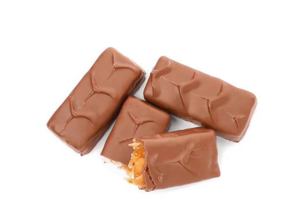 Čokoládové Tyčinky Karamelem Ořechy Nugátem Izolované Bílém Horní Pohled — Stock fotografie
