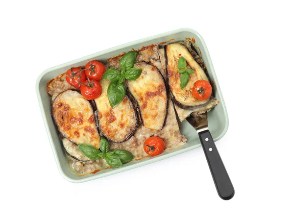 Delicious Eggplant Lasagna Spatula Baking Dish Isolated White Top View Stock Picture