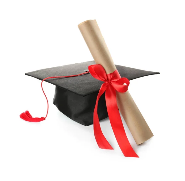 Cappello Laurea Diploma Sfondo Bianco — Foto Stock