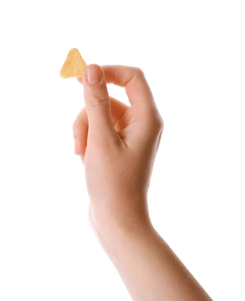 Mulher Segurando Crocante Rusk Fundo Branco Close — Fotografia de Stock