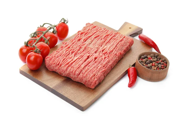 Wooden Board Raw Fresh Minced Meat Other Ingredients White Background — Stock Photo, Image