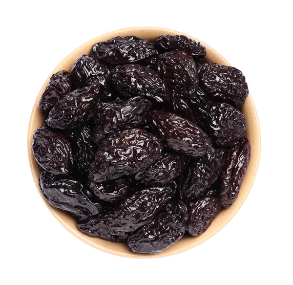 Bowl Sweet Dried Prunes Isolated White Top View — Stock Photo, Image