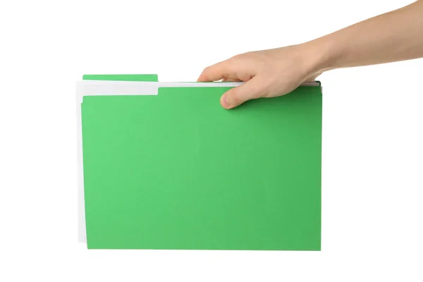 Woman Holding Light Green File Documents White Background Closeup — Stock Photo, Image