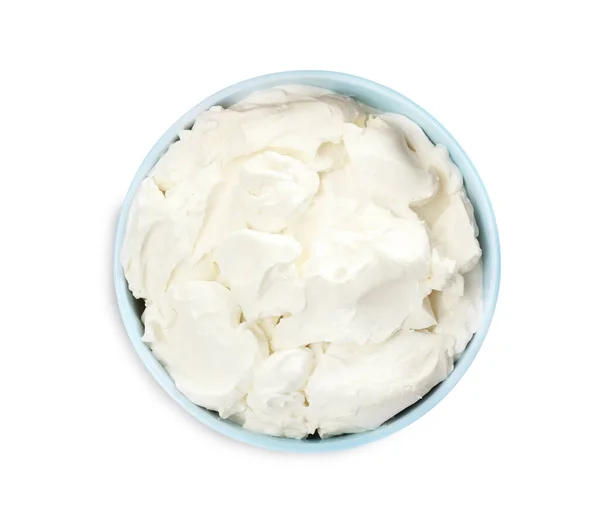 Cuenco Sabroso Queso Crema Aislado Blanco Vista Superior —  Fotos de Stock