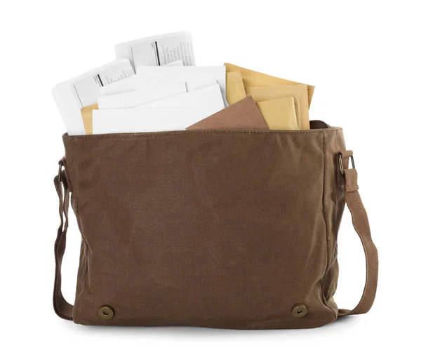 Brown Postman Bag Mails Newspapers White Background — 图库照片