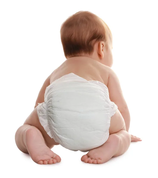 Schattig Klein Baby Kruipen Witte Achtergrond Achteraanzicht — Stockfoto