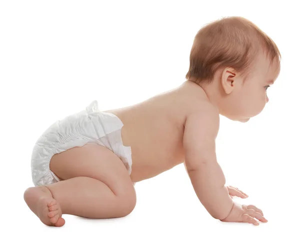 Niedliches Kleines Baby Kriecht Auf Weißem Hintergrund — Stockfoto