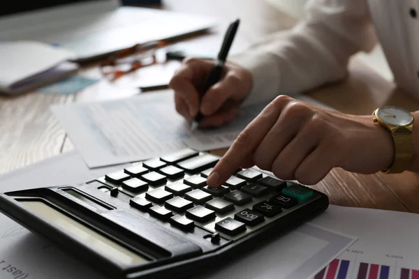 Tax Accountant Calculator Working Wooden Table Closeup — Stock Photo, Image