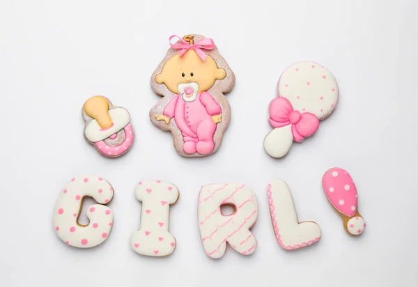 Слово Girl Сделано Вкусного Печенья Белом Фоне Вид Сверху Детская — стоковое фото