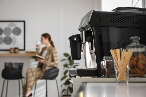 Modern Electric Coffee Machine Table Office Space Text — Stock Photo, Image
