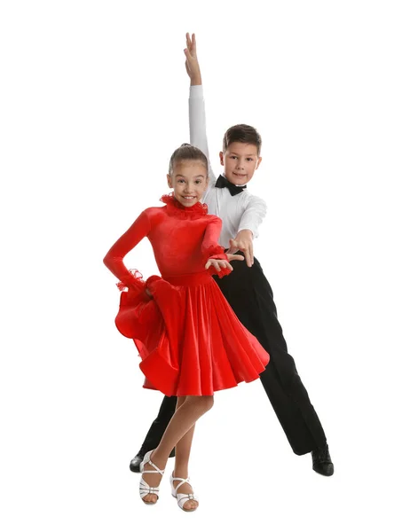Prachtig Gekleed Paar Van Kinderen Dansen Witte Achtergrond — Stockfoto