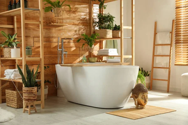 Stylish Bathroom Interior White Tub Green Houseplants Wooden Wall Idea — Stock Photo, Image