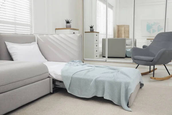 Şık bir iç mekan, yataklı kanepe ve sallanan sandalye. Misafir için ek yer