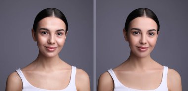 Gri arka planda eşleşen mendil kullanmadan önce ve sonra güzel genç bir kadının fotoğraflarıyla kolaj. Pankart tasarımı