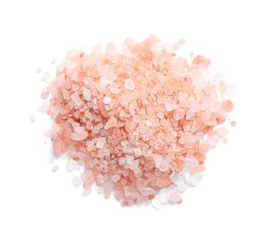 Beyaz arka planda pembe Himalaya tuzu yığını.