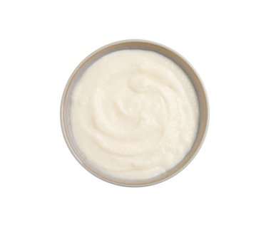 Beyaz manzaralı leziz irmik pudingli kase.