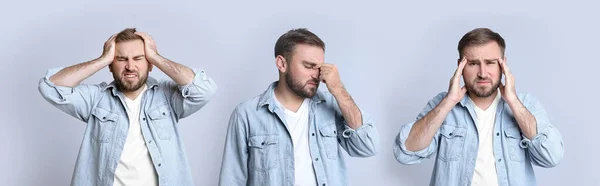 Collage Con Fotos Joven Con Dolor Cabeza Sobre Fondo Gris —  Fotos de Stock