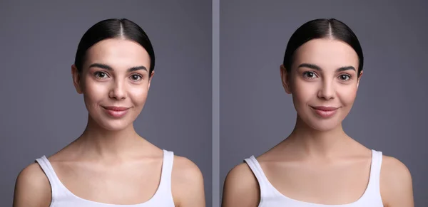 Kolase Dengan Foto Foto Wanita Muda Cantik Sebelum Dan Setelah — Stok Foto