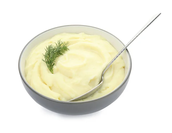 Bowl Freshly Cooked Homemade Mashed Potatoes Spoon Isolated White — Stock Photo, Image