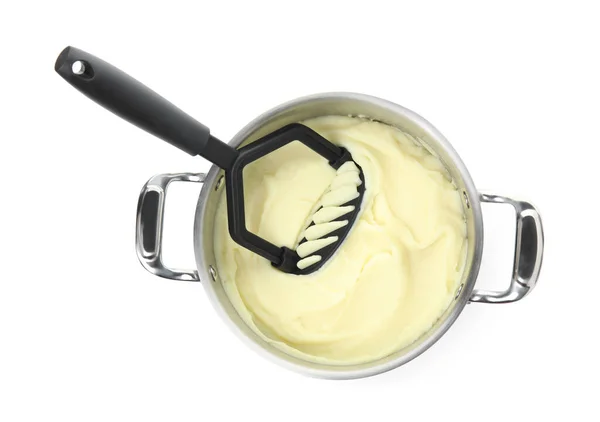 Pot Freshly Cooked Homemade Mashed Potatoes White Background Top View — Stock Photo, Image