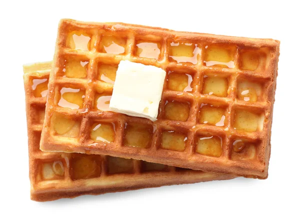 Delicious Belgian Waffles Honey Butter Isolated White Top View — Stockfoto