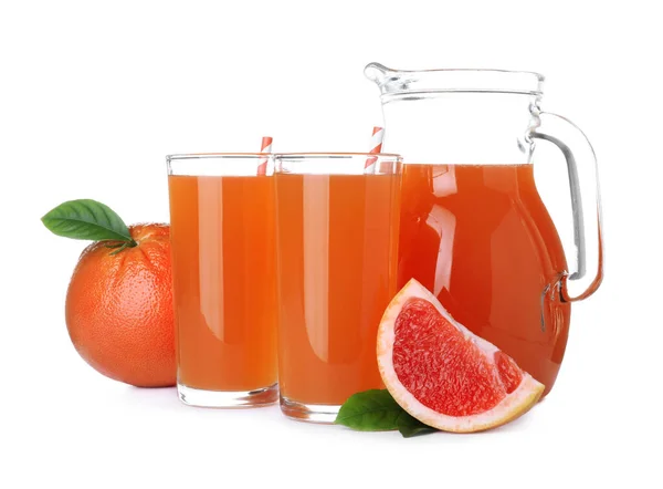 Leckerer Frisch Gemachter Grapefruitsaft Und Früchte Auf Weißem Hintergrund — Stockfoto