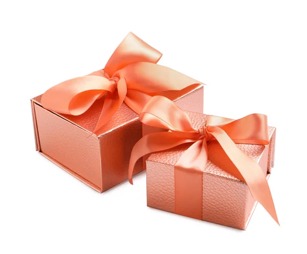 Gift Boxes Decorated Satin Ribbon Bows White Background — 图库照片