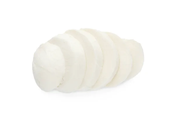 Heerlijke Mozzarella Kaas Plakjes Witte Achtergrond Bovenaanzicht — Stockfoto