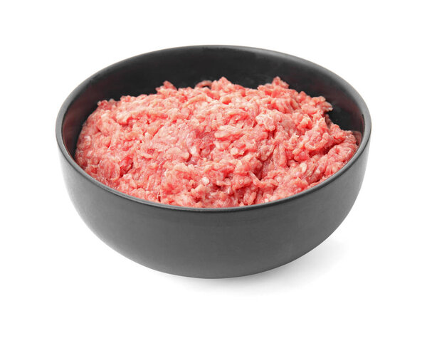 Fresh minced meat in bowl on white background