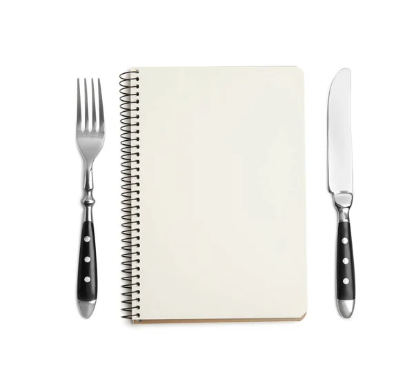 Blank Recipe Book Cutlery White Background Top View Space Text — Stock Photo, Image