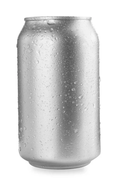 Pode Bebida Energia Com Gotas Água Isoladas Branco Mockup Para — Fotografia de Stock