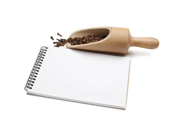 Blank Recipe Book Wooden Scoop Cloves White Background Space Text Stock Picture