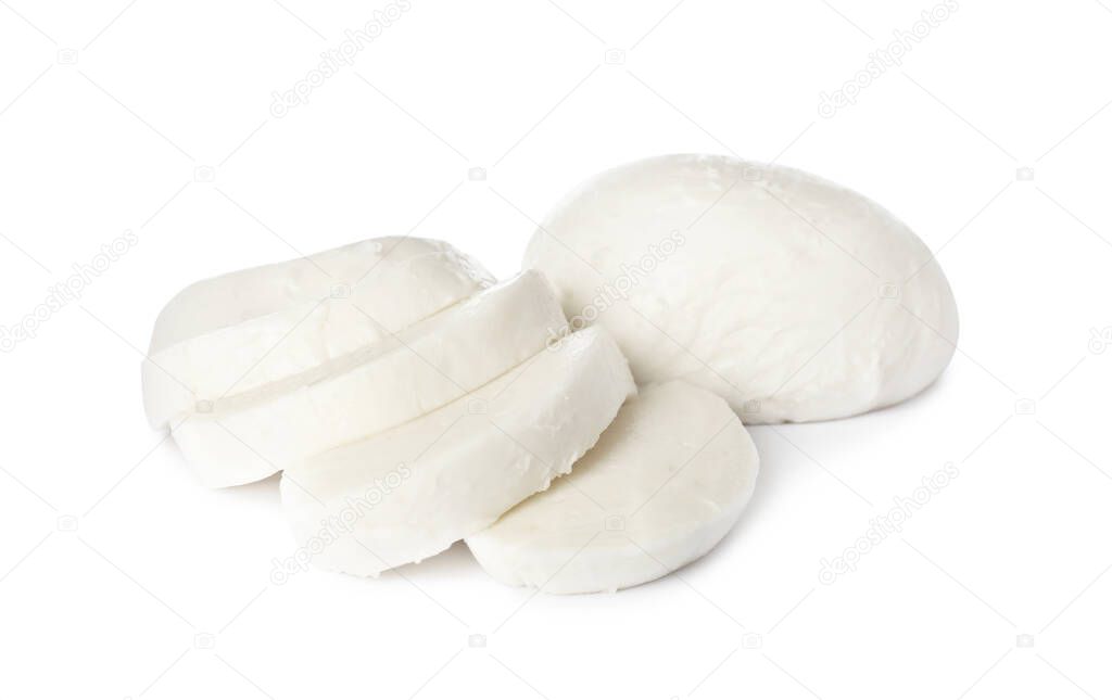 Delicious mozzarella cheese slices on white background