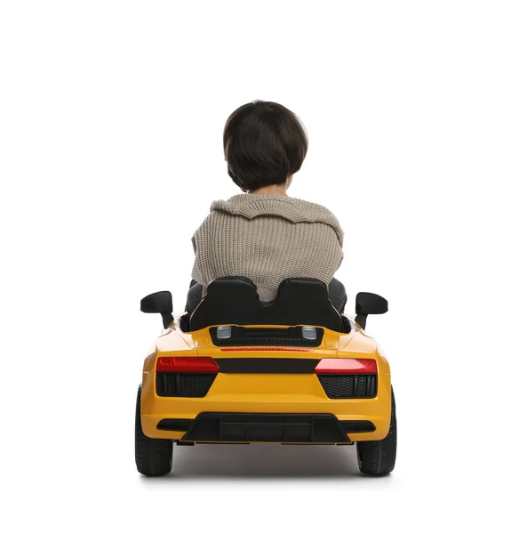 Cute Little Boy Driving Children Electric Toy Car White Background — Stock Photo, Image