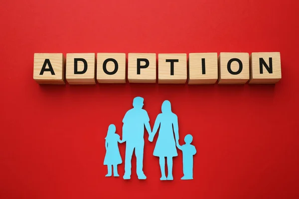 Family Figure Word Adoption Made Cubes Red Background Flat Lay — Stockfoto