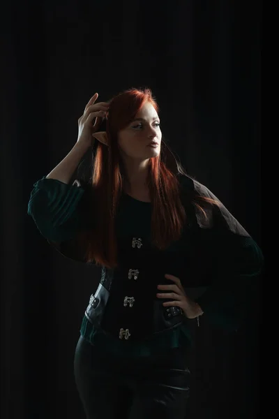 Beautiful Redhead Elf Girl Black Background — Stockfoto