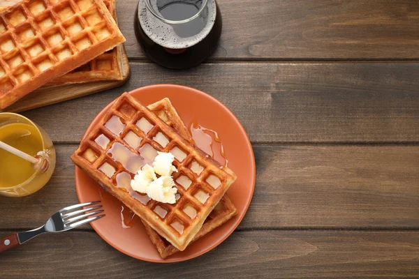 Plate Delicious Belgian Waffles Honey Butter Served Wooden Table Flat — Stock Photo, Image