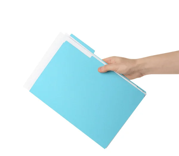 Woman Holding Turquoise File Documents White Background Closeup — Stock Photo, Image